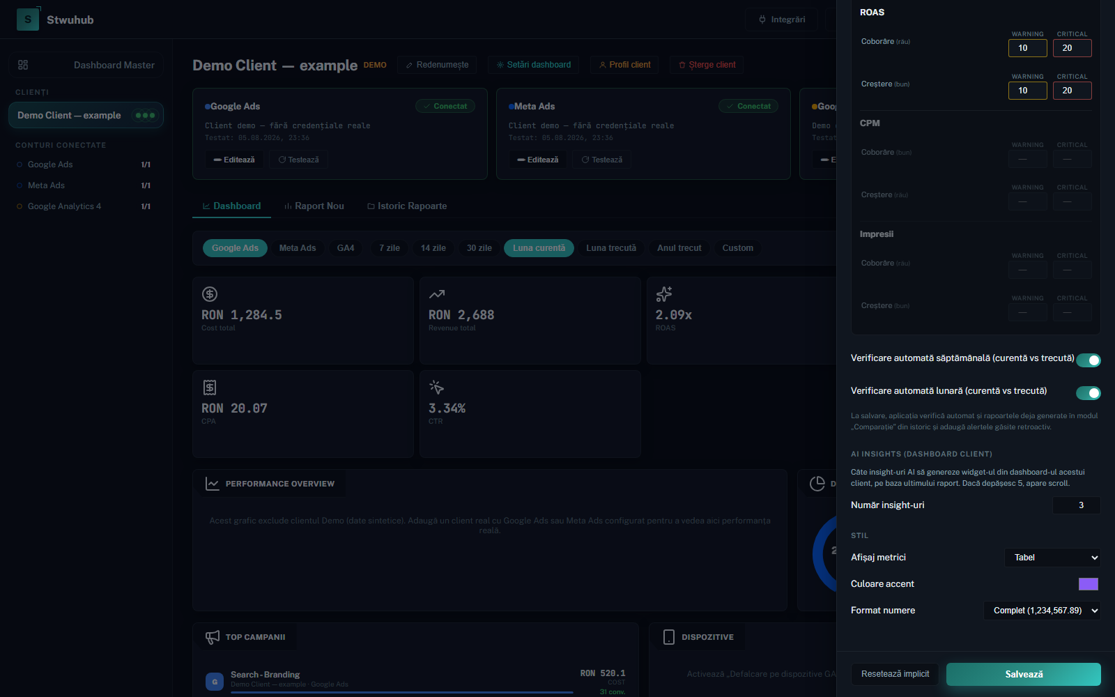 Setări AI Insights și stil dashboard
