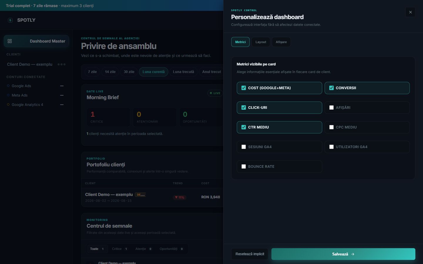 Panoul actual de personalizare Dashboard Master