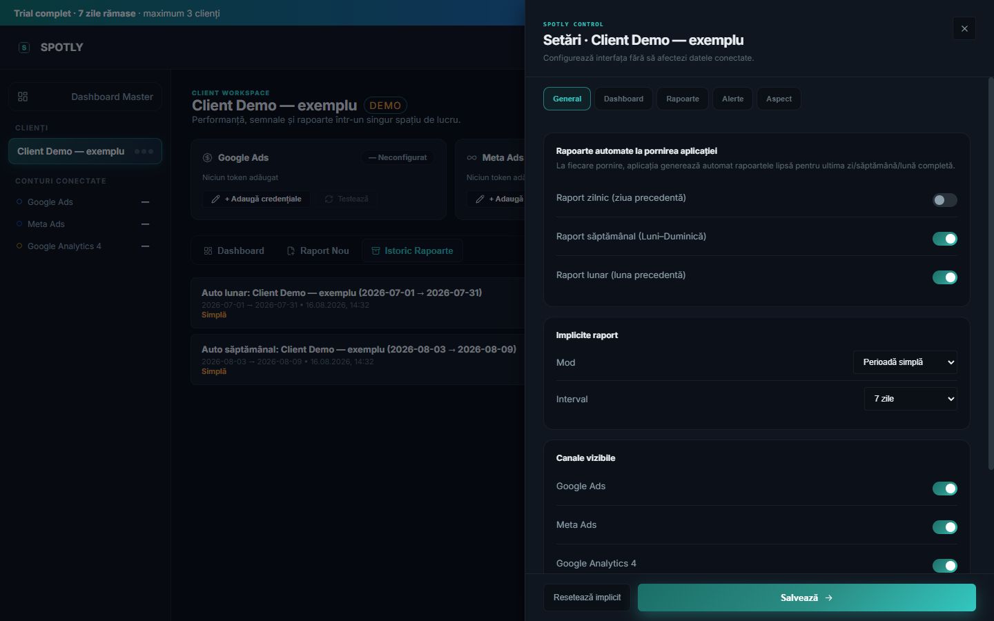 Setările rapoartelor automate și canalelor vizibile