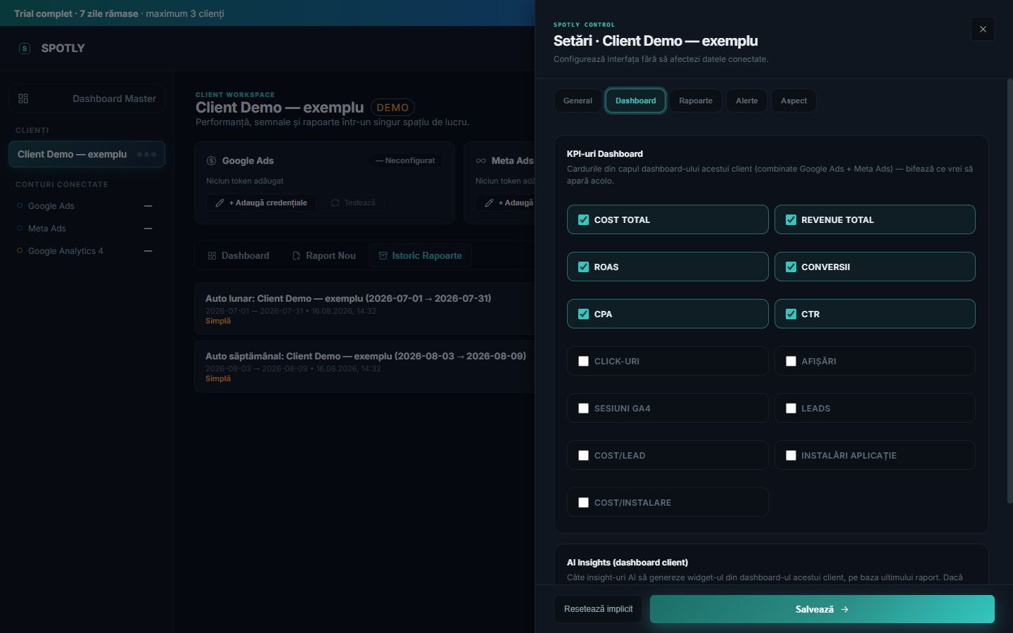 KPI-uri configurabile și numărul de insight-uri AI