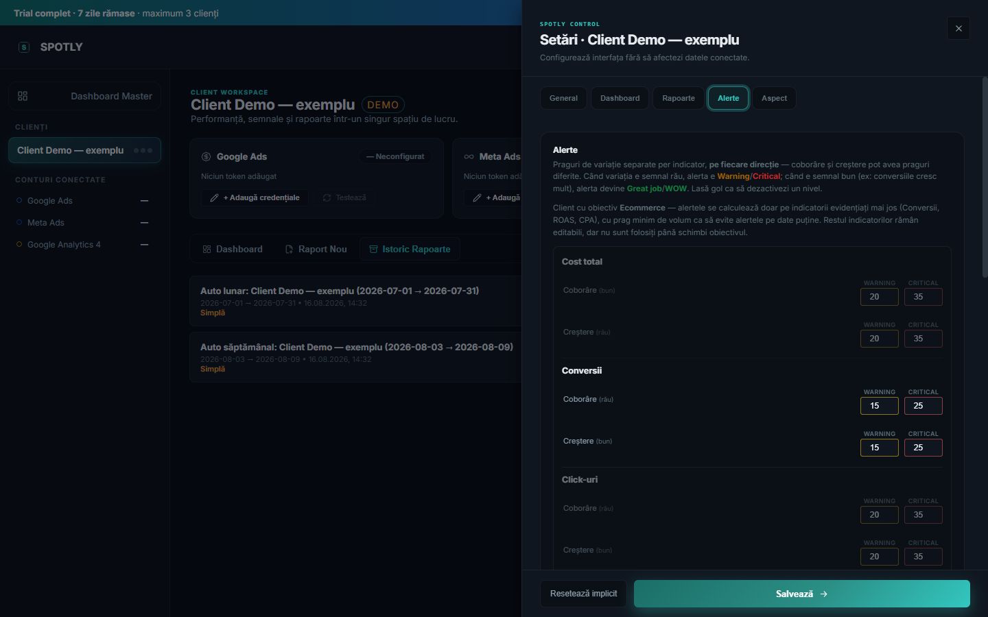 Praguri de alertă configurabile per indicator